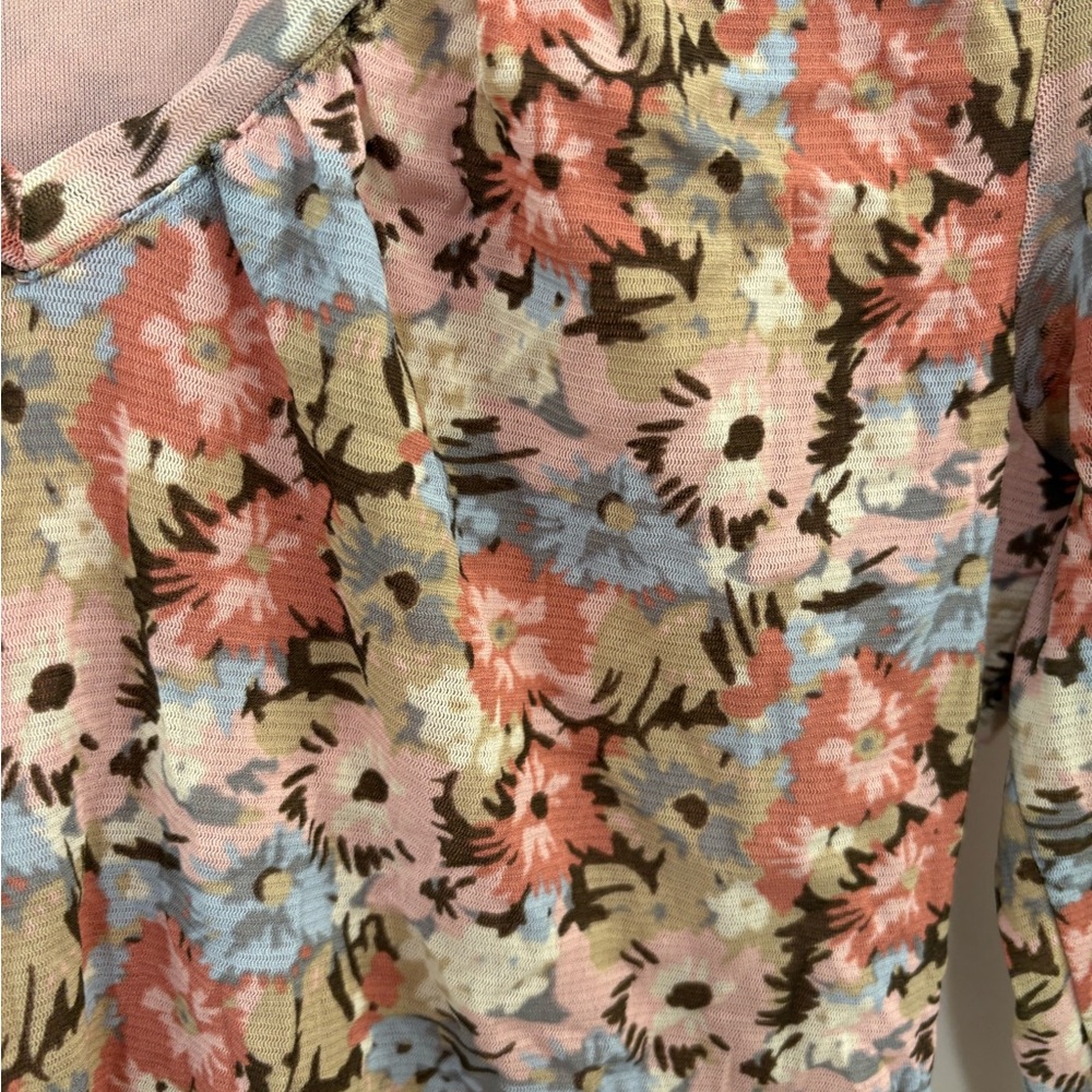 Vintage Y2K Floral Lettuce Hem Mesh Fitted Stretchy Top Size Large - Picture 9 of 15